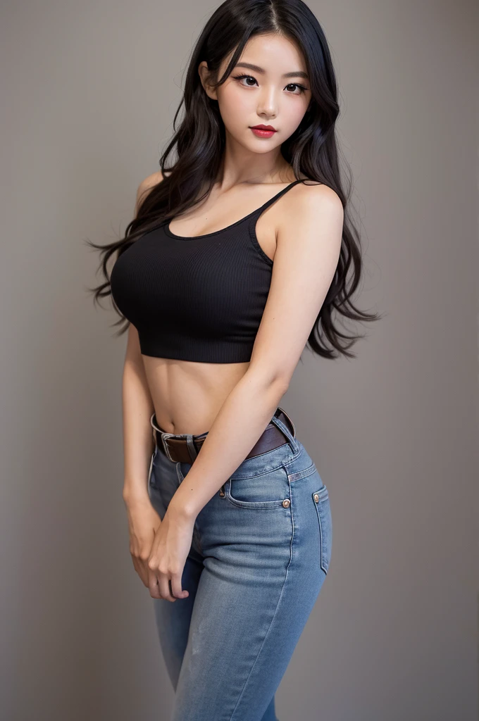 NSFW, A young Japanese idol-style woman with a small, round face and youthful features. She has heavy makeup with emphasized eyeshadow, dark eyeliner, and glossy red lipstick, wearing a confident and provocative expression. Her hair is black, semi-long straight, and styled in loose waves. She has a short and voluptuous build with fair skin, a slim stomach, and a curvaceous figure. She is wearing a workman's outfit: a tight, sleeveless tank top that shows off her midriff, low-rise jeans with a tool belt slung around her hips, and heavy work boots. She is standing with one hip cocked, one hand resting on her hip, and the other holding a large wrench over her shoulder. The background features a construction site with machinery and stacks of materials. The camera angle is from a slightly lower perspective, capturing her full body and the bold, challenging nature of her pose. The image should be high quality, realistic, and detailed.