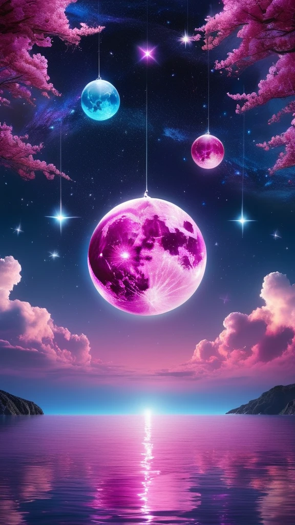 On a starry night with small clouds floating、Magenta and pink moon、Purple and sparkling light blue spheres reflecting light in the ocean。. A space of sparkling stars, It's a bright neon glow from outer space: Vibrant electric light blue expanse glowing sphere, Emerald green、Bright pink、Purple shines mysteriously against the dark background.. this concept art, Expressed as a digital painting, captures the essence of a lovley and opulent space scene showcasing complicated details and exquisite craftsmanship. Fascinating sparkling light, cleverly expressed, Create a sense of awe and wonder, Immerse your audience in the enchanting beauty of this otherworldly creation.macro photograph, Haute Couture, Surreal, high quality, 超Detailed, プロのphotograph, beautiful, 透明photograph, Professional Movies, プロのphotograph, Super detailed, Ultra-realistic, Cinematic, Sharp focus, Bright light, Detailed, complicated, Absurd, masterpiece. RAWphotograph, 編集photograph, フィルムストックphotograph, photograph, Fujifilm Superior Premium 400, Nikon D850 フィルムストックphotograph Kodak Portra 400 camera f1.6 Lenses, 8k, Ultra-high resolution