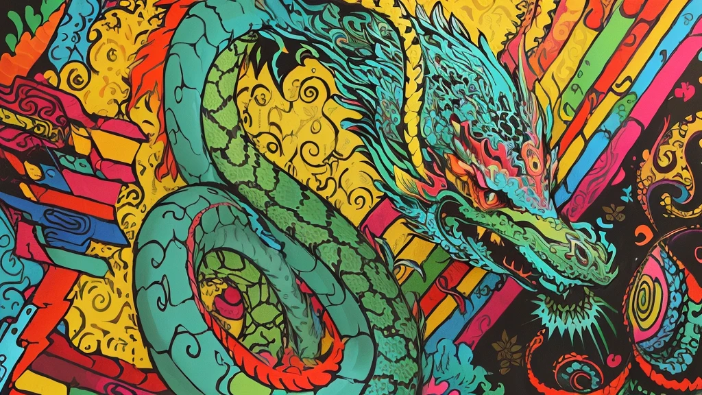 colored drawing of a dragon and a snake on a colored background, Quetzalcoatl, colorful illustration, psychedelic laughing demon, arte colorida ultra detalhada, altamente intrincado em technicolor, hyper detail illustration, arte de doodle colorido, psychedelic illustration, colorful illustration, cores brilhantes altamente detalhadas, intrincado colorido, muito detalhado e colorido, arte detalhada em cores, arte oficial