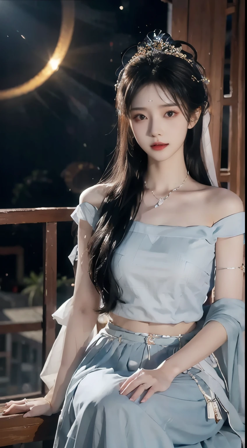  night, Deep blue sky, White dress, Long skirt at chest, long black hair, long hair and waist, Beautiful girl, God, god, White headdress, Sitting on the railing, hair, side fringe, scarf, hair ornament, Forehead Gem, Baolai Jewelry Branch, crescent hair ornament, fish hair ornament, God ray, flash, movie lighting, Lens flare, Ultra HD, High Detail, high quality, high resolution, best quality, 8K, 16K, High Detail, high quality, high quality, Super Detail, Anatomically correct, masterpiece, precise