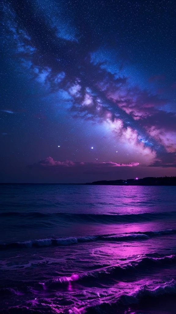 bioluminescent stars in the sky, pink half moon, touquois sky, soft cotton clouds, tourqouis ocean waves, shiny, purple water, galaxy, complementing lighting