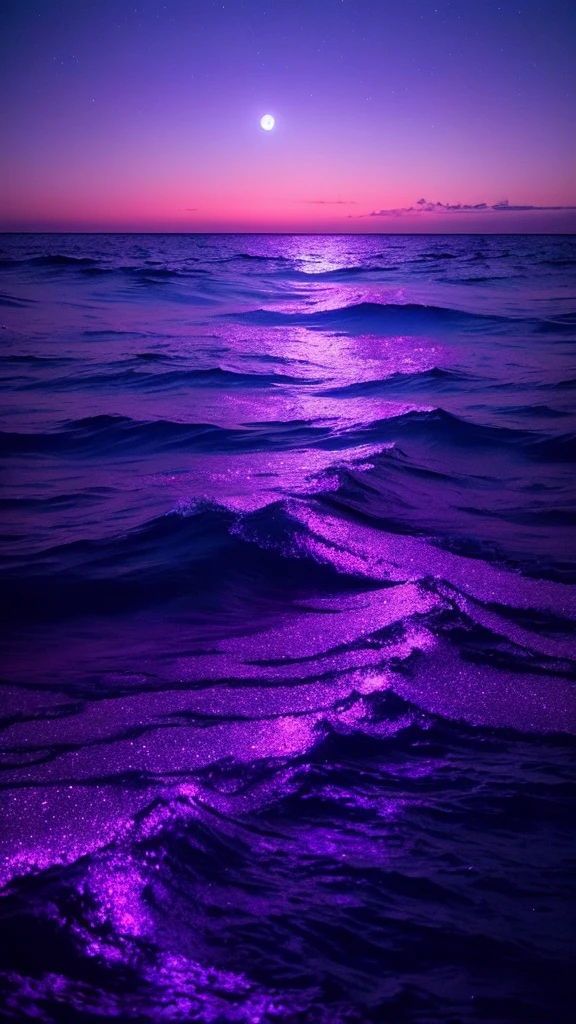 bioluminescent stars in the sky, pink half moon, touquois sky, soft cotton clouds, tourqouis ocean waves, shiny, purple water, galaxy, complementing lighting