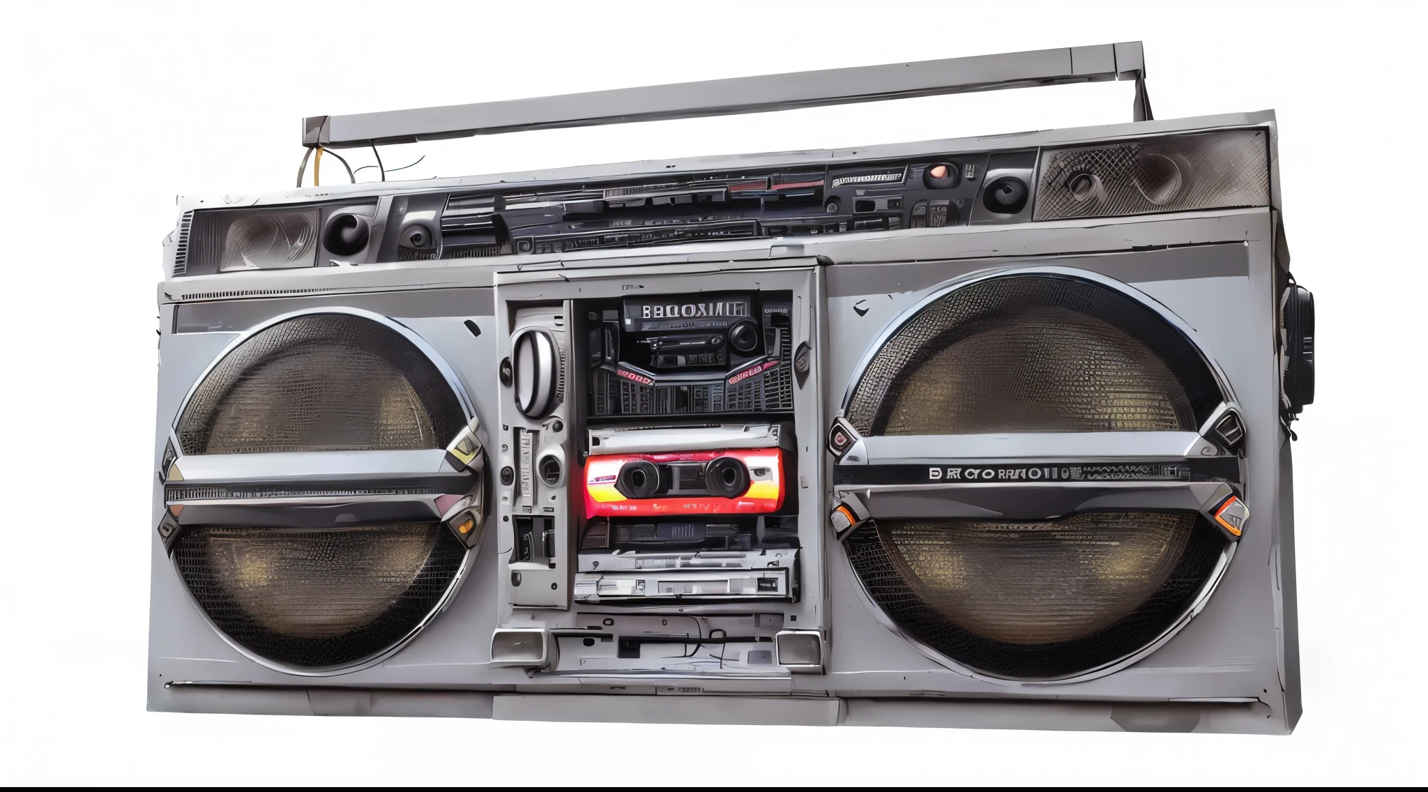 a close up of a boombox with a radio on top of it, boombox, ghetto blaster, big ghetto blaster, tape deck, cassette, radio, radios, hifi, cassette tape, cassette futurist, dj, retro technology, 1 9 8 0 s tech, full scene shot, audio equipments, sound, nostalgic vibes, retro tech, 80s retro