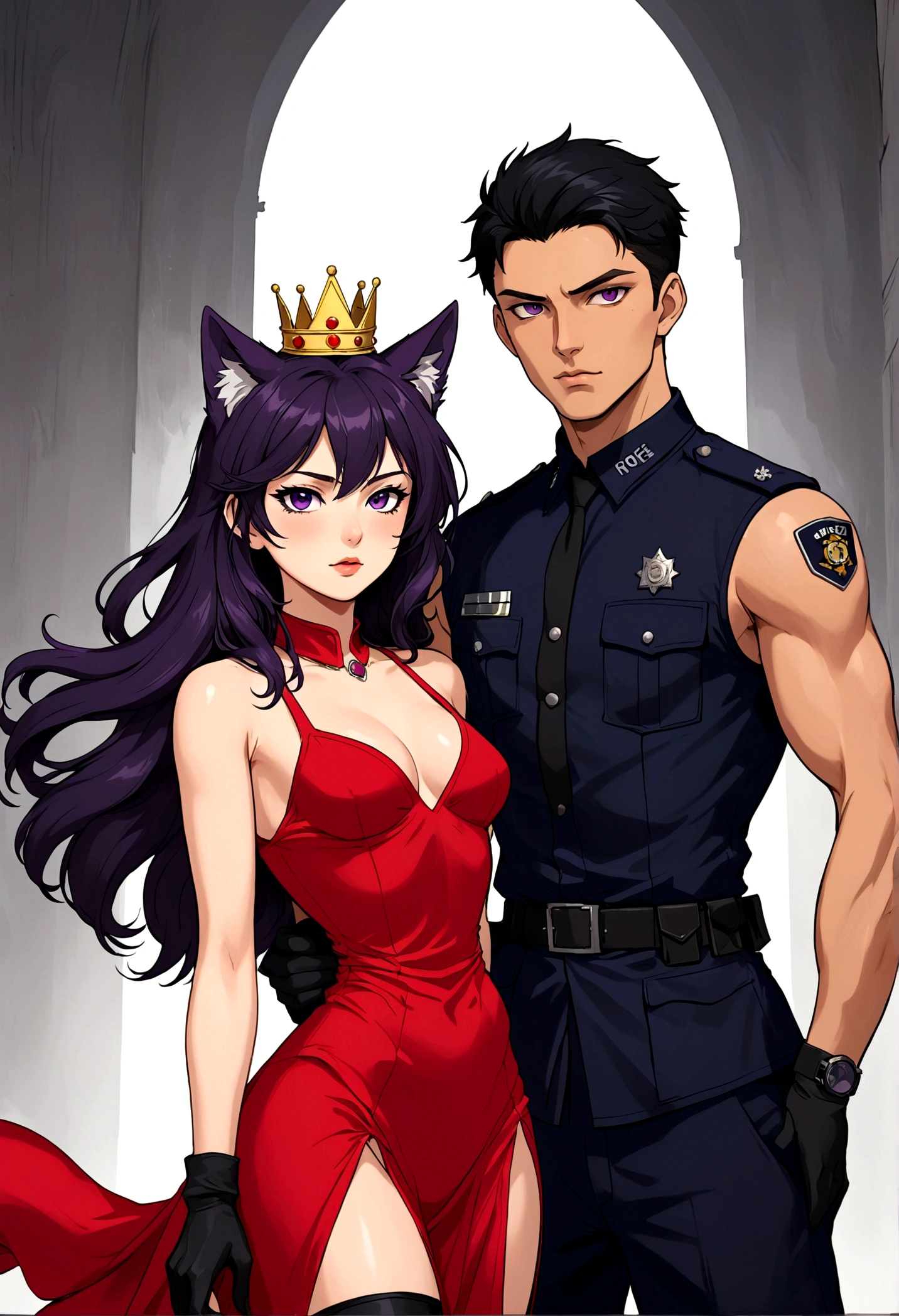 Red dress - beautiful girl with long hair and a small crown and handsome anime boy， Purple Eyes，Black short hair,Wolf ears，officer，Briefs，Special Forces，Chest muscles，action，watch
