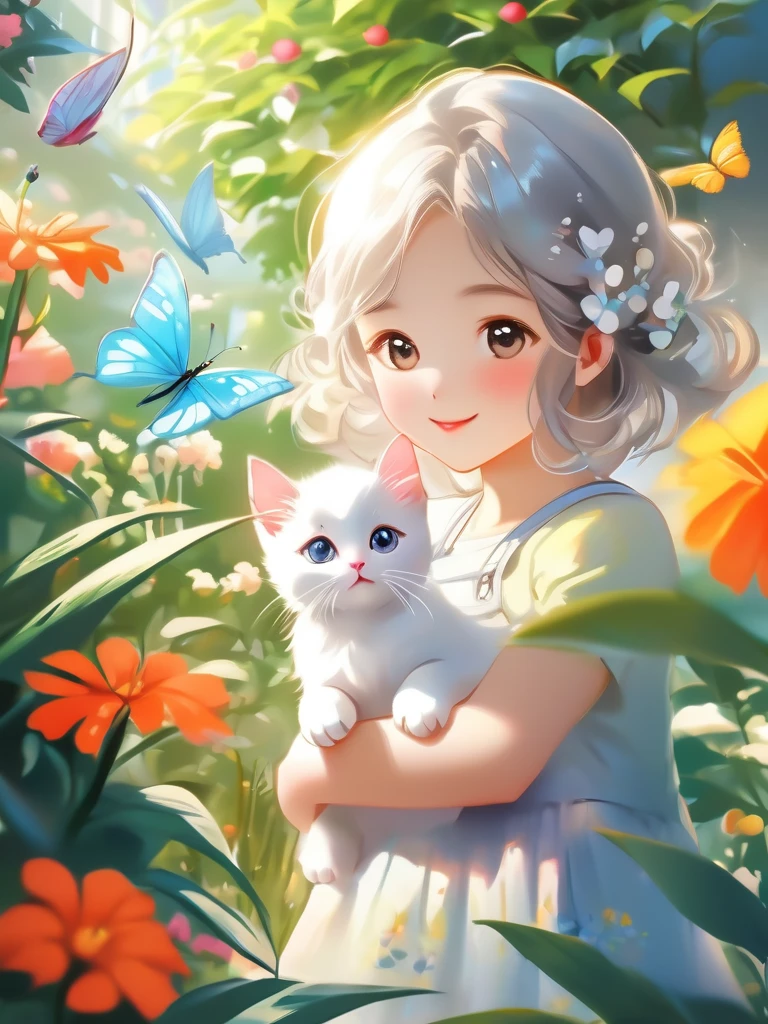 This scene is very fascinating。A girl and a white kitten in a beautiful garden。 The girl is looking at the white kitten with interest。White kitten having fun trying to catch a butterfly。 The garden is decorated with lush greenery and colorful flowers..。The garden is illuminated by the spring sunshine, Gives a warm glow.。A bright number of people々are surrounding a white kitten々Butterflies are flying。Flying butterflies create a lively atmosphere.。 The white kitten is expressive、The fine fur and unique folded ears add to its charm..。The gardens are beautifully maintained、Neatly trimmed bushes and々Mr.々Various plants are arranged。stream'The crystal clear water reflects the serene surroundings.、Colorful facade of a house seen in the distance々Add a little whimsy to your scene.。 The scene exudes an atmosphere of silence and meditation..、Expressing the world of high fantasy。Guardian nebula of rainbow light and silvery vapor、The colors of the Corrosive Surrounding Ray family fill the sky、There's a slimy feeling in the air.。Beautiful artwork with a mystical atmosphere.。
