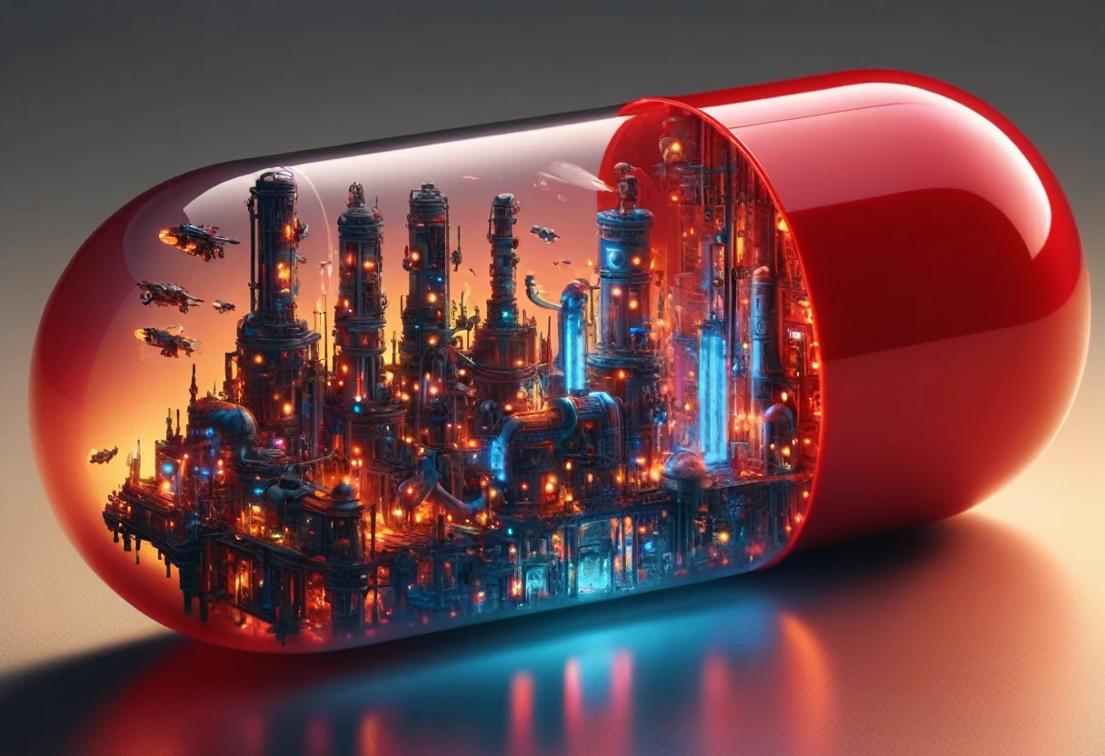キッチンテーブルの上のdream-like赤い錠剤, Partially transparent tablets, High Contrast, Amazingly detailed, Factory in a pill at sunset, CMO, CMIC, dream-like, mysterious, Real, Very detailed,