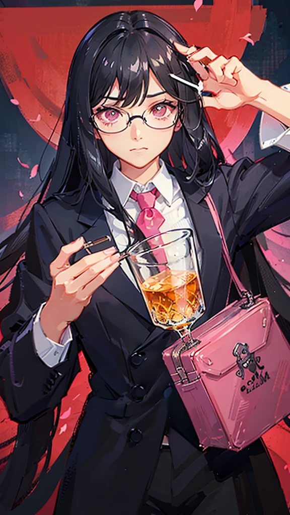 Black Hair Straight Hair Long Hair whisky cheers suit Glasses Pink Eyes