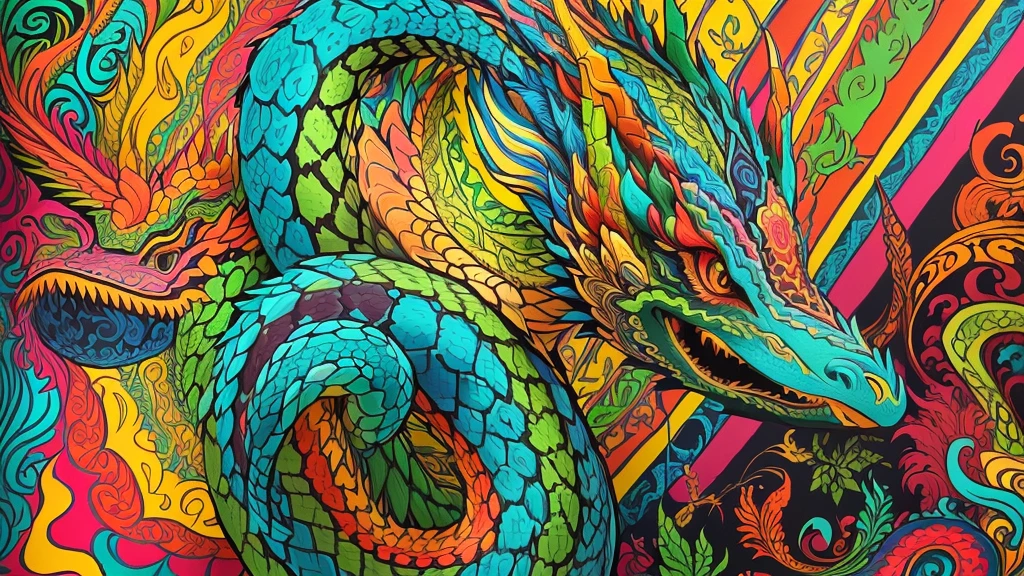 colored drawing of a dragon and a snake on a colored background, Quetzalcoatl, colorful illustration, psychedelic laughing demon, arte colorida ultra detalhada, altamente intrincado em technicolor, hyper detail illustration, arte de doodle colorido, psychedelic illustration, colorful illustration, cores brilhantes altamente detalhadas, intrincado colorido, muito detalhado e colorido, arte detalhada em cores, arte oficial