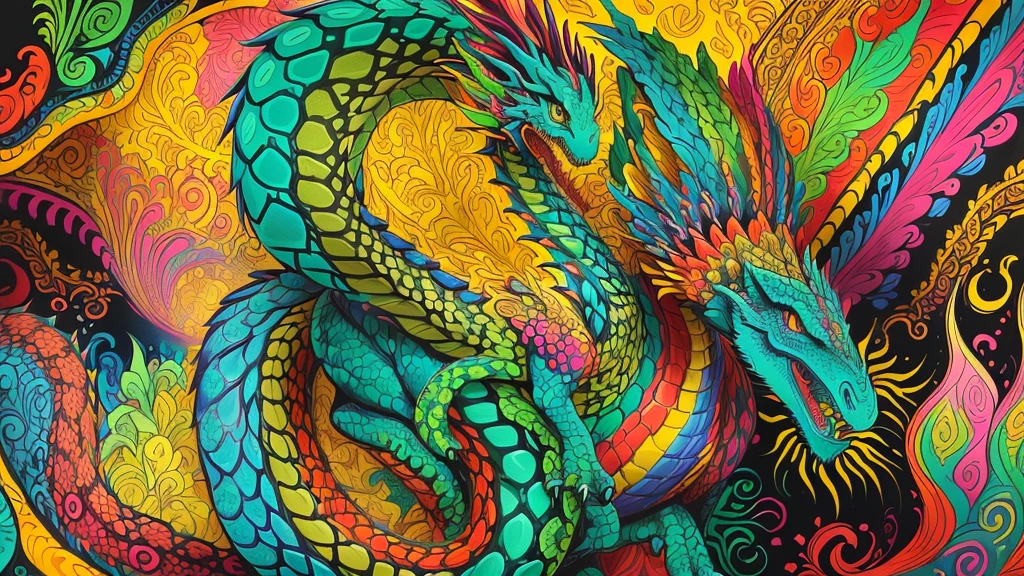 colored drawing of a dragon and a snake on a colored background, Quetzalcoatl, colorful illustration, psychedelic laughing demon, arte colorida ultra detalhada, altamente intrincado em technicolor, hyper detail illustration, arte de doodle colorido, psychedelic illustration, colorful illustration, cores brilhantes altamente detalhadas, intrincado colorido, muito detalhado e colorido, arte detalhada em cores, arte oficial