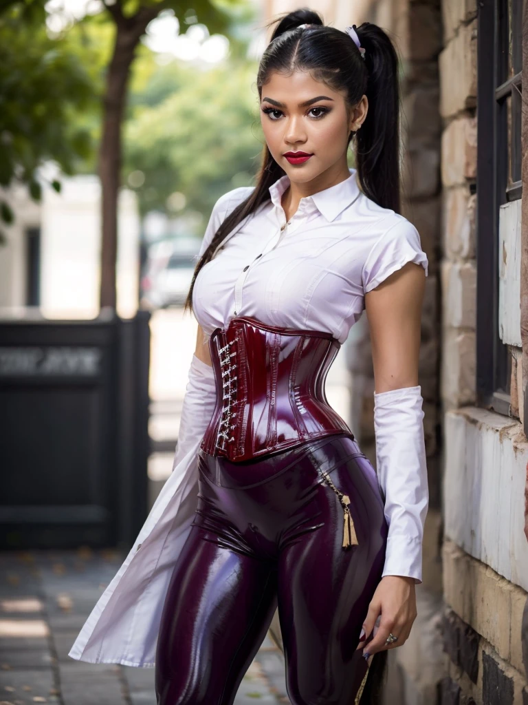 ((best quality)), ((Masterpiece)), (4k details), photorealism, head to knees, zendaya, Plump body, tight red latex leggings, white cotton dress shirt, (purple leather waist corset), Big muscles, Twintail hairstyle, Eyes on the camera, red lips"