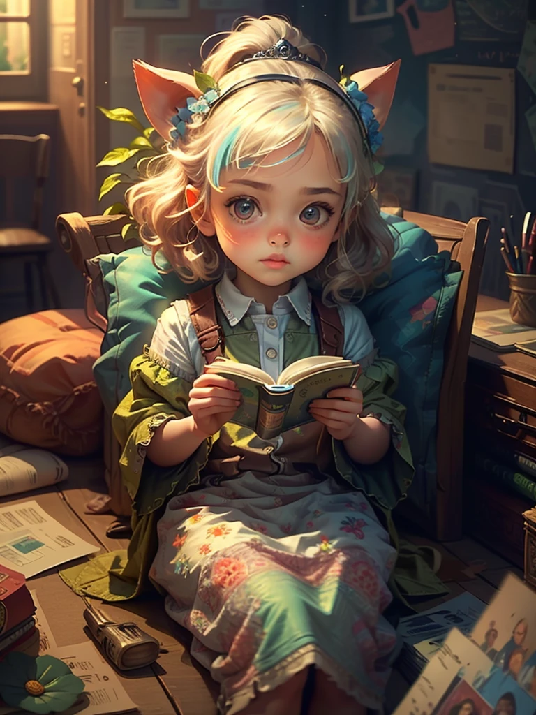 Chibi Princess, I read a book, Surrounded by forget-me-nots, colorful, pastel colour, minimum, original, Picture book taste, masterpiece, Highest quality, Highest quality