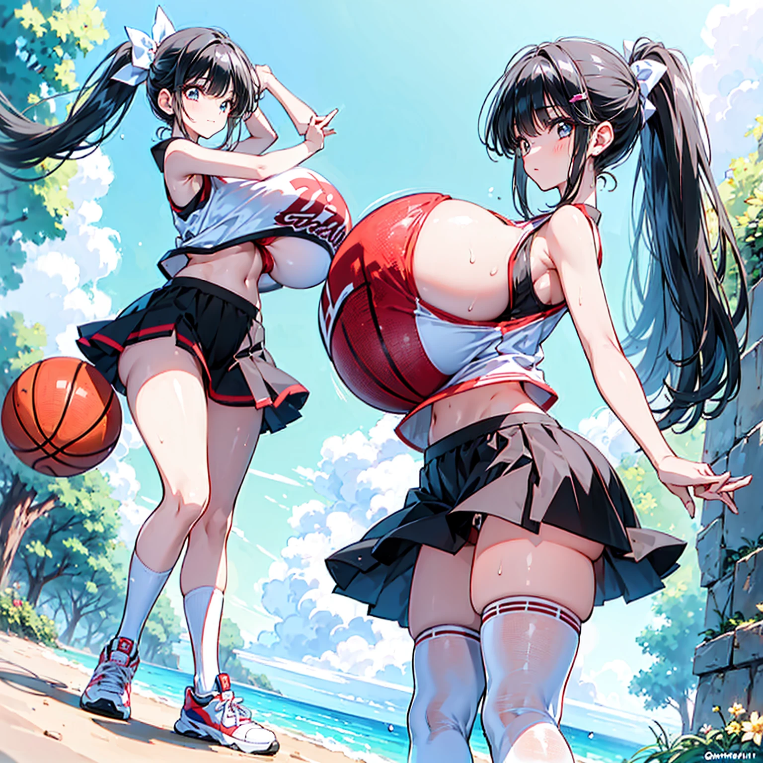 (gigantic breasts), (vulgarity)) ((large areolae)) (1girl), (vulgarity) (in heat) (sweat) (masterpiece) (high resolution)) (gigantic breasts),(1girl) beautiful girl,(cameltoe)(((gigantic breasts))),Basketball player a cartooned woman wearing a basketball jersey is holding a basketball in mid air, breasts, covered nipples, gigantic breasts, basketball, cameltoe, thighhighs, arms up, long hair, black hair, skirt, huge breasts, sportswear, skindentation, 1girl, partially visible vulva, solo focus,1girl, playing basketball, basketball court