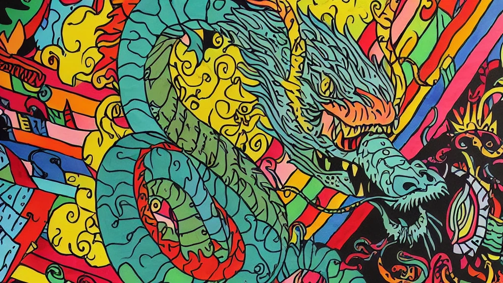 colored drawing of a dragon and a snake on a colored background, Quetzalcoatl, colorful illustration, psychedelic laughing demon, arte colorida ultra detalhada, altamente intrincado em technicolor, hyper detail illustration, arte de doodle colorido, psychedelic illustration, colorful illustration, cores brilhantes altamente detalhadas, intrincado colorido, muito detalhado e colorido, arte detalhada em cores, arte oficial