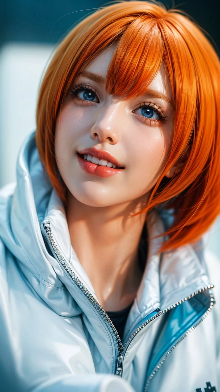 a close up of a person with short hair and a white leather jacket, koala, koala from anime one piece, as an anime character, perfect anime face, she has orange hair with bangs, female anime character, anime character, anime best girl, hime cut hairstyle, orange hair, (red glossy lips:1.3), blue eyes, smile, big tits, realistic, ultra detail, city background, (beautiful face:1.3), full body
