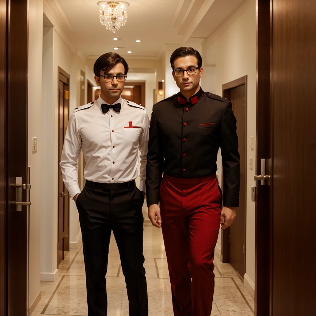 White man with dark brown hair, glasses and amber eyes, dressed as a hotel doorman with a red uniform and black pants, medium short shot