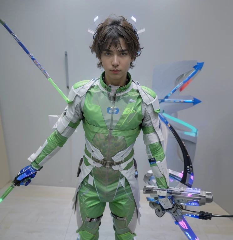 best quality, 8k, highly detailed face and skin texture, ultra high resolution, 1 european boy in futuristic suit in future city at night, futuristic bow with arrows made of pure energy, with neon light, full body, sharp focus