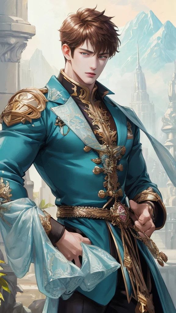 ( A high resolution, ultra - detailed, HighDynamicRange), tmasterpiece, Best quality at best, gaming character , Short hair details, （Handsome men），Anime eyes, Mobile legendary heroes, detailed scene, Detailed characters，(Pointed Opal&#39;of clotheagia，((cleanness，hair sparkling like diamonds))