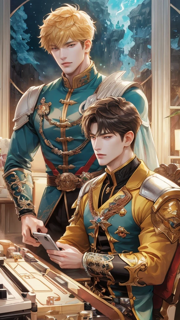 ( A high resolution, ultra - detailed, HighDynamicRange), tmasterpiece, Best quality at best, gaming character , Short hair details, (Handsome men),Anime eyes, Mobile legendary heroes, detailed scene, Detailed characters,(Pointed Opal'of clotheagia,((cleanness,hair sparkling like diamonds))