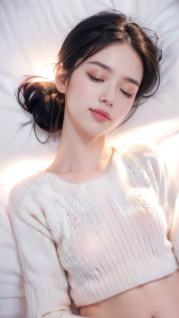 ((((8k))),((Extremely meticulous CG)) ,(wallpaper),16k,((Extremely refined and beautiful)),(((Masterpiece))),(((best qualtiy))),(((Ultra High Resolution))),beautiful light up,Perfect lightning,realistic shaded,(A high resolution),(Smooth and flawless fair skin:1.5),(pale skin:1.3),(Extremely exquisite facial details:1.3),(perfect body:1.1),(ultra - detailed),A beautiful girl,solo,small head,(black short ponytail:1.2),(small face:1.2),Exquisite makeup,(close eyes:1.5),(sleeping:1.2),(blush:1.5),(small breasts:1.1),flat chests,slim,thin,happy,(Smile:1.2),(white sweater:1.5),(slender legs:1.2),(pink underwear:1.3),(night scene:1.5),indoor,(In the bedroom:1.3),(lying flat on back on the bed:1.5),(close-up of face:1.3),(from above:1.3),(top view:1.3)