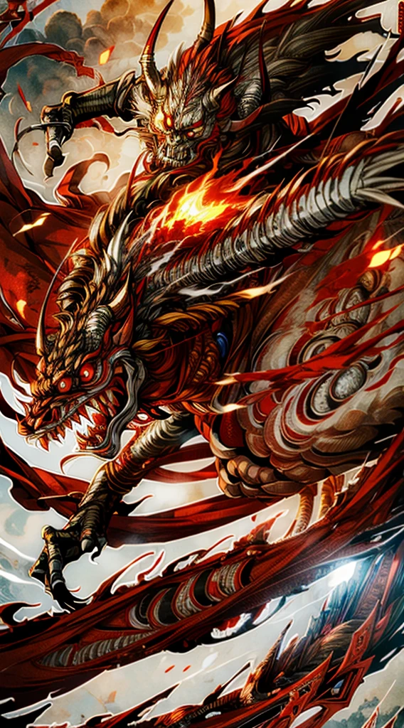 High quality, Ultra detailed, best quality, insanely detailed, beautiful, masterpiece,A giant red devil with horns, a Japanese red demon,, with murderous red eyes