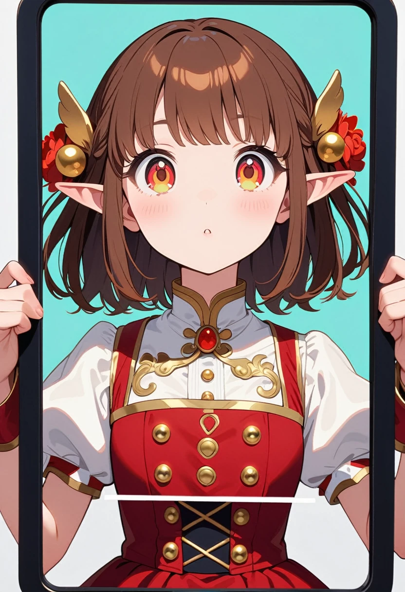 front，ID photo，An anime girl wearing a red skirt and black，She has brown hair and eyes。There are balls on both sides of the head，short hair，And wearing red flower ornaments on the ears。She wears a white blouse，It has gold buttons and pink cuffs.。Clean and tidy style