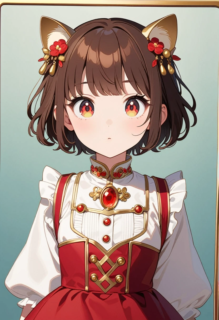 front，ID photo，An anime girl wearing a red skirt and black，She has brown hair and eyes。There are balls on both sides of the head，short hair，And wearing red flower ornaments on the ears。She wears a white blouse，It has gold buttons and pink cuffs.。Clean and tidy style