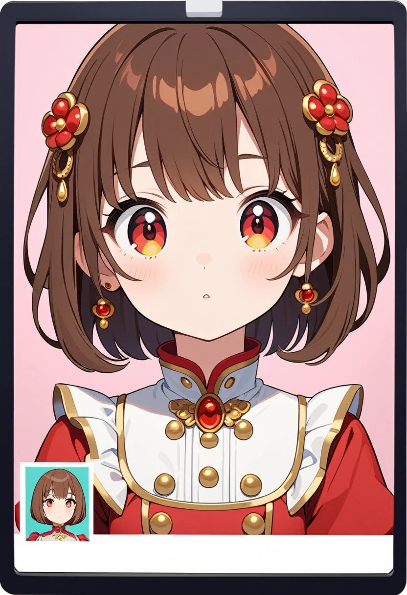 front，ID photo，An anime girl wearing a red skirt and black，She has brown hair and eyes。There are balls on both sides of the head，short hair，And wearing red flower ornaments on the ears。She wears a white blouse，It has gold buttons and pink cuffs.。Clean and tidy style