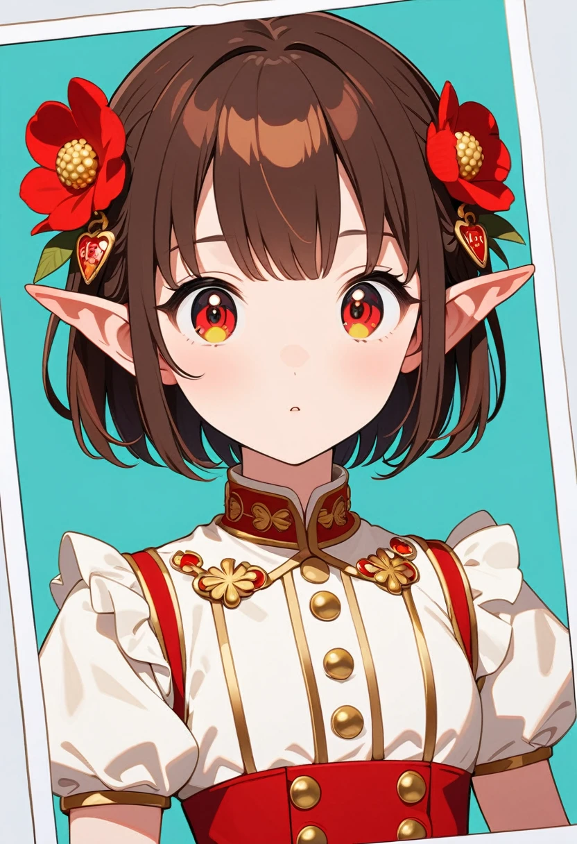 front，ID photo，An anime girl wearing a red skirt and black，She has brown hair and eyes。There are balls on both sides of the head，short hair，And wearing red flower ornaments on the ears。She wears a white blouse，It has gold buttons and pink cuffs.。Clean and tidy style