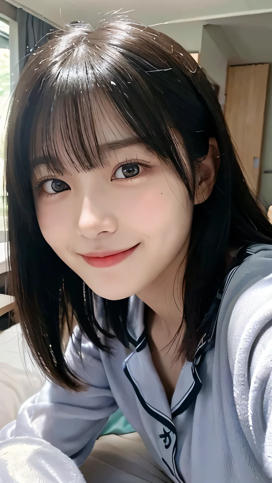 (Highest quality,masterpiece:1.3,Ultra-high resolution),(Very detailed,Caustics,16K),(Realistic:1.4,RAW shooting),Ultra-Realistic Capture,Human skin close-up,Natural skin texture,The pores are detailed enough to be easily identified,Healthy Skin and Even Tone,Use natural light and color,18-year-old,Japanese,cute,Long black hair,I'm looking at the camera with a smile on my face,Big Breasts,Waist up shot,(Face Focus:1.2),(Face close-up:1.2),(Low position:1.3),(Low Angle:1.3),(Night bets),Lens flare,On the bed、In pajamas、Wearing pajamas
