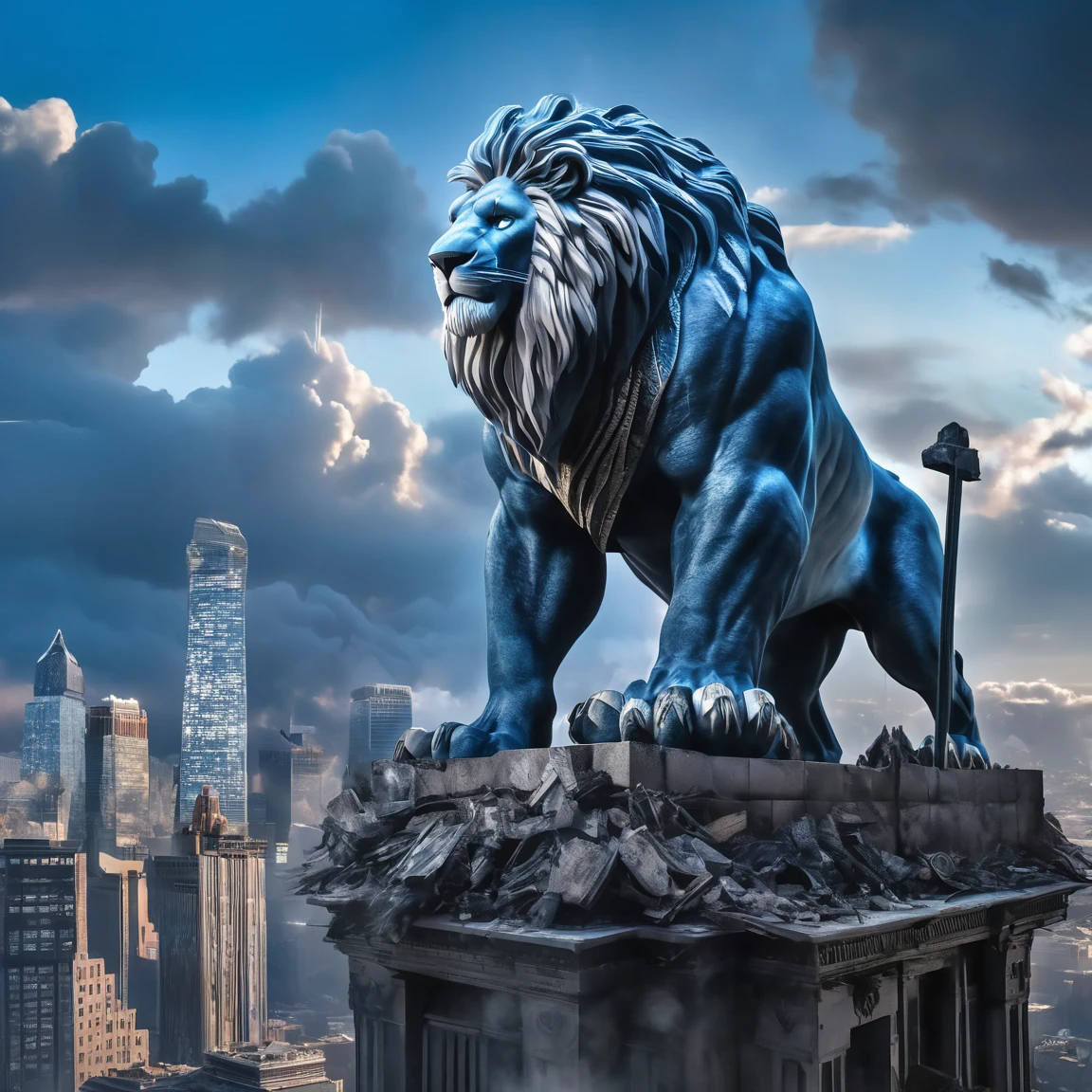 a colossus (Zeus) towering over the cityscape at night, Overlooking the viewer. The creature's scales and spine had to be detailed, resulting in shadows under dramatic lighting that suggest destruction and chaos. In the foreground, include (Lion King) standing with his back to the viewer. set amidst burning buildings and scattered debris to showcase the intense confrontation between the figure and the creature.(1.4x realism, 8K, hyper HD, Masterpiece, accurate, Textured skin, High detail, Best quality, Awarded, Shooting long distance, Distance sense, Side View, Anatomically correct, Textured skin, Super detailed)