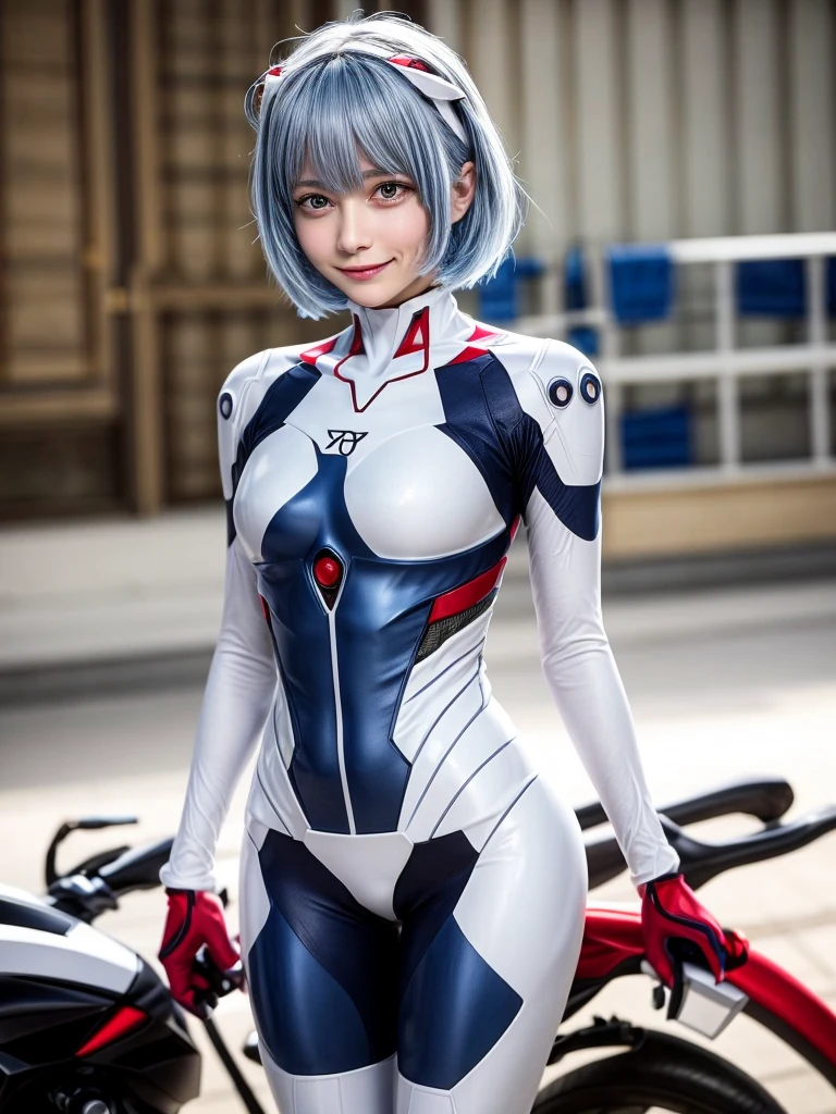 Masterpiece, highest quality, 8K, detailed skin texture, fine cloth texture, beautiful detailed face, intricate details, super detailed, portrait of Rei Ayanami, blue hair, red eyes, looking far away, no background, Evangelion Wearing a plug suit when riding, plug suit, whole body visible, standing, arms crossed, 15 years old, beautiful, cute, great style, smiling,composition that shows the whole body,