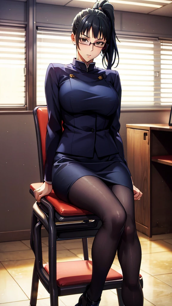 ((Glasses)),(In the office),beauty、Big Breasts、Style Batsugun、Nice body、Black Hair、Long Hair、黒pantyhose、skirt、pantyhose、ponytail、Sitting in a chair