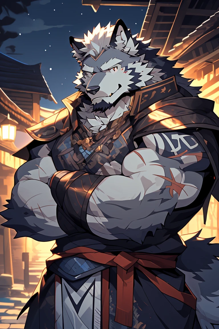 knight sword, (best quality), (masterpiece), (Extremely detailed), Clear focus, Niji, Eye contact, Black eyes, Watching_exist_Viewer, Stand with your arms crossed, Smile, hairy, animal_Wolf_ear, light white fur, Brown fur, black beard, Upper Body, anthropology (Wolf), male, (Wolf), middle aged, Scars on the face and hands, Gray body, White belly, muscular, knight costume, village, Extremely detailed face, Low light, night, night vibes, Tree