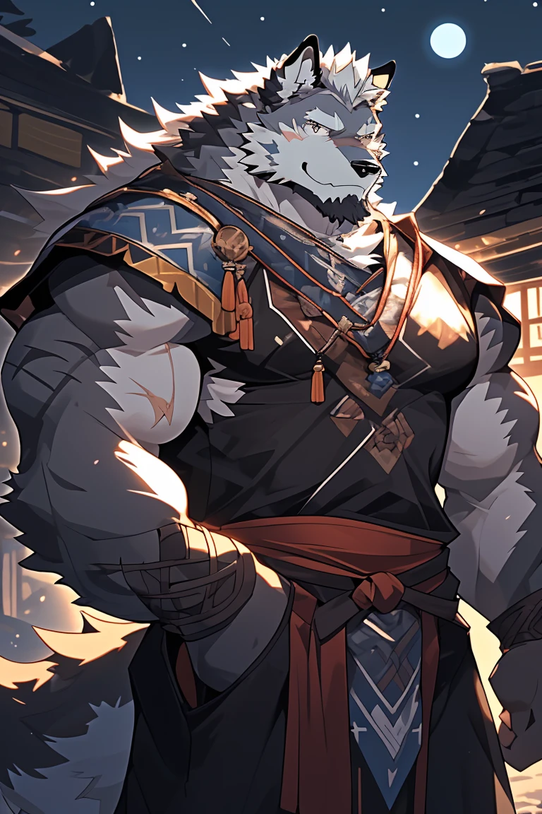 knight sword, (best quality), (masterpiece), (Extremely detailed), Clear focus, Niji, Eye contact, Black eyes, Watching_exist_Viewer, Stand with your arms crossed, Smile, hairy, animal_Wolf_ear, light white fur, Brown fur, black beard, Upper Body, anthropology (Wolf), male, (Wolf), middle aged, Scars on the face and hands, Gray body, White belly, muscular, knight costume, village, Extremely detailed face, Low light, night, night vibes, Tree