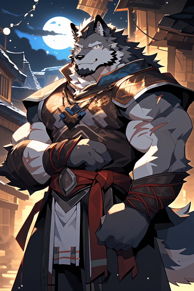 knight sword, (best quality), (masterpiece), (Extremely detailed), Clear focus, Niji, Eye contact, Black eyes, Watching_exist_Viewer, Stand with your arms crossed, Smile, hairy, animal_Wolf_ear, light white fur, Brown fur, black beard, Upper Body, anthropology (Wolf), male, (Wolf), middle aged, Scars on the face and hands, Gray body, White belly, muscular, knight costume, village, Extremely detailed face, Low light, night, night vibes, Tree
