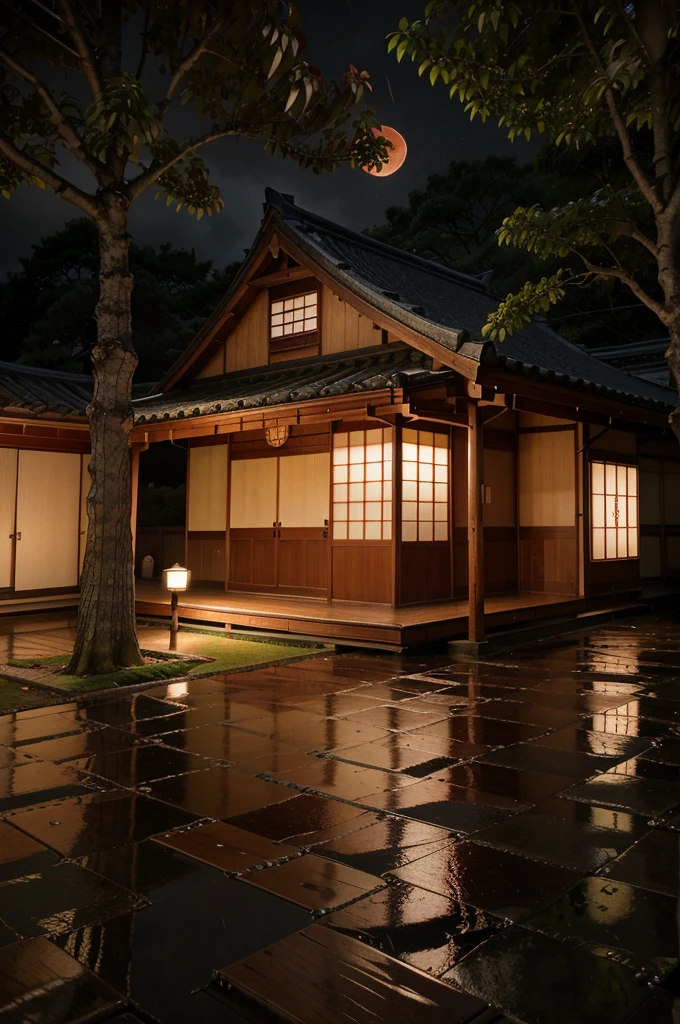 Panoramic visual of traditional Japanese wooden house, low lighting, raining lightly, night, tree, leafy, cloudy, star, red moon, High quality, 8K, curving camera angle