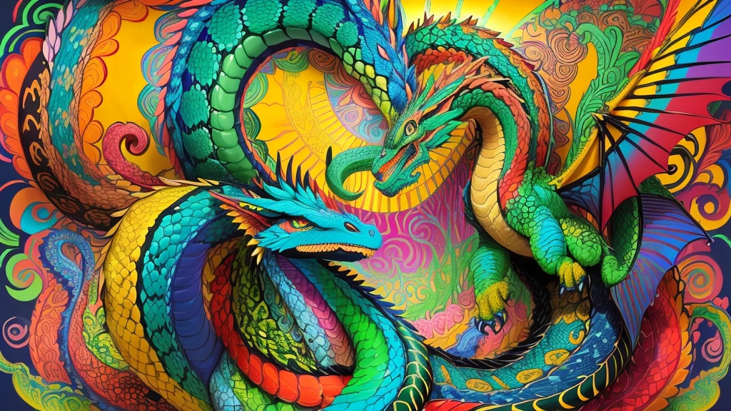 colored drawing of a dragon and a snake on a colored background, Quetzalcoatl, colorful illustration, psychedelic laughing demon, arte colorida ultra detalhada, altamente intrincado em technicolor, hyper detail illustration, arte de doodle colorido, psychedelic illustration, colorful illustration, cores brilhantes altamente detalhadas, intrincado colorido, muito detalhado e colorido, arte detalhada em cores, arte oficial