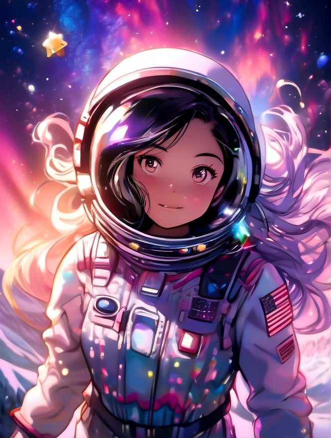 A stunning 8K RAW masterpiece, Glitter Splash captures the beauty of space, Featuring a girl astronaut surrounded by a mesmerizing starry sky, Spectacular aerial fireworks, Breathtaking views of the Aurora Borealis dancing in the Milky Way. The fisheye lens effect creates a festival atmosphere.