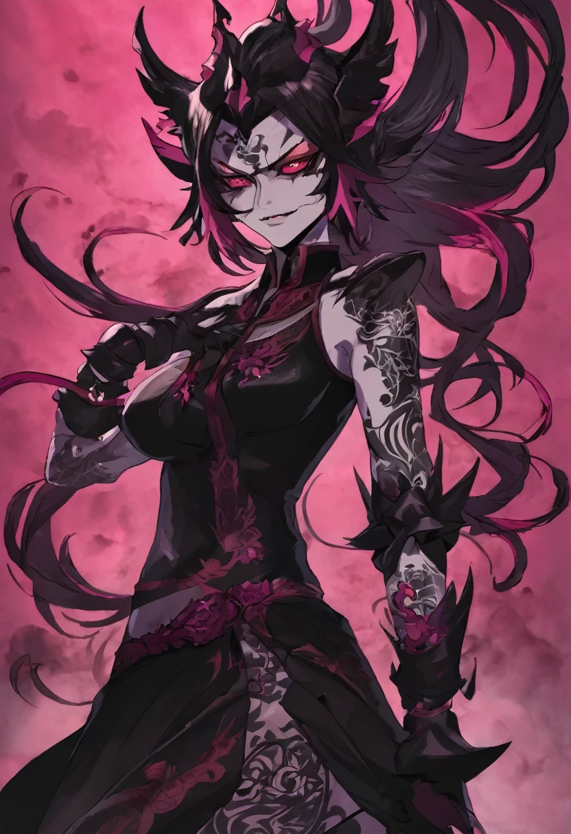 Em sua forma completa feminina, Sukuna is tall and muscular, with four arms and sharp claws. His skin is pale and covered in black tattoos.. his eyes are red and glowing, and she has a sadistic smile with sharp teeth. Her hair is long and pink, caindo ao redor de uma coroa de espinhos. She is a menacing and powerful presence.