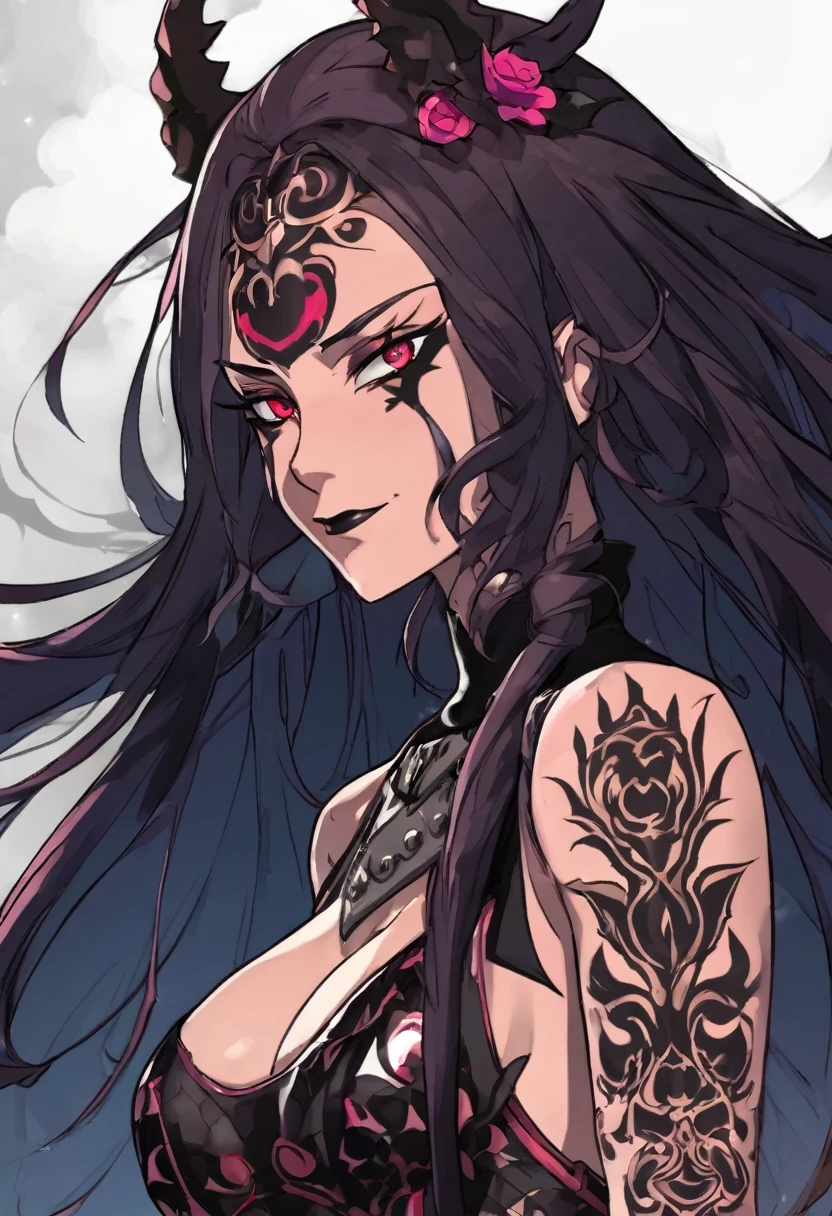 Em sua forma completa feminina, Sukuna is tall and muscular, with four arms and sharp claws. His skin is pale and covered in black tattoos.. his eyes are red and glowing, and she has a sadistic smile with sharp teeth. Her hair is long and pink, caindo ao redor de uma coroa de espinhos. She is a menacing and powerful presence.