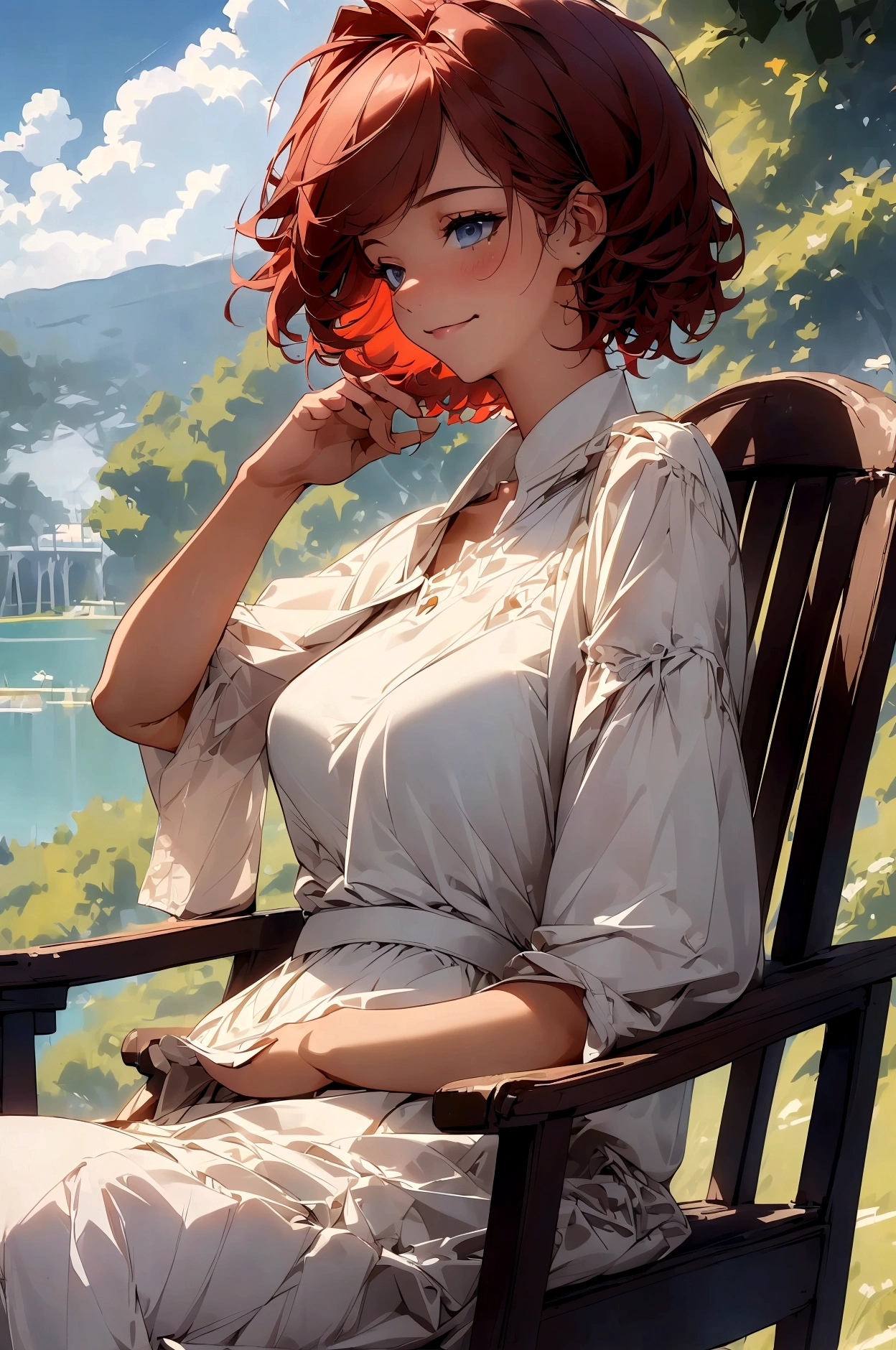 Ridiculous resolution, high resolution, (masterpiece:1.4), Super detailed, 1 young woman, Red short hair, High Detail,Lakeside,Leaning back in a chair and reading,Smile,The sun is high,Hills in the distance,it's clear,A gentle breeze ruffles the hair,Profile,