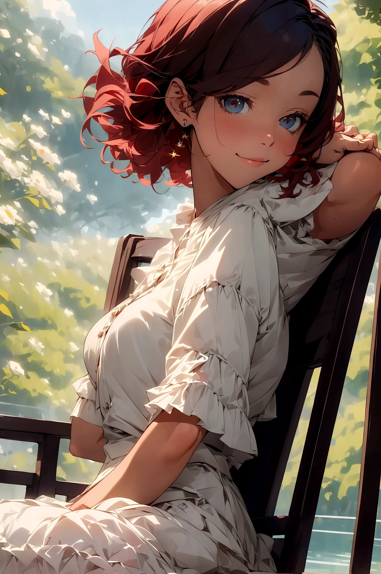 Ridiculous resolution, high resolution, (masterpiece:1.4), Super detailed, 1 young woman, Red short hair, High Detail,Lakeside,Leaning back in a chair and reading,Smile,The sun is high,Hills in the distance,it's clear,A gentle breeze ruffles the hair,Profile,