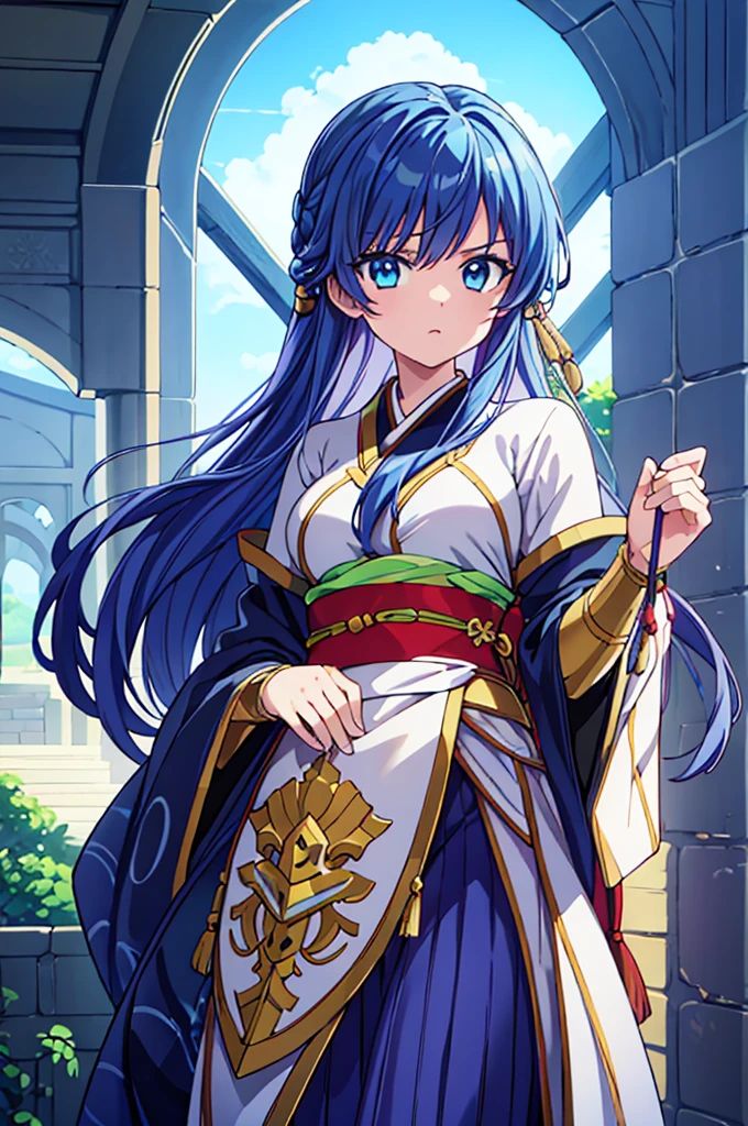 Highest quality, masterpiece, High resolution, alone, （Fire Emblem: Cecil），（Fire Emblem: Genealogy of the Holy War），（Half Up_Hairstyle），Long sword，kimono，Great armor、Nothing，（Armor‗Japan），（Looking up ‗ Face），（Jinhaori），Evening sky_background，Young Girl，Anime Style, Highest quality, 4k, masterpiece,， alone, 1,whole body，looking at the camera, Shinkai Makoto style, （blue_Hair Color）Sharp Eyes，（Full Finger）, （Accurate fingertips）, （The finer details）, （Anatomically correct）, (映画のbackground), Hyper Detail, (Subtle details), (Intricate details),