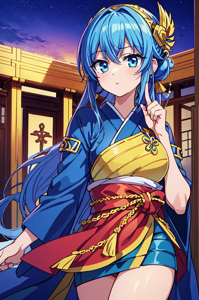 Highest quality, masterpiece, High resolution, alone, (Fire Emblem: Cecil),(Fire Emblem: Genealogy of the Holy War),(Half Up_Hairstyle),Long sword,kimono,Great armor、Nothing,(Armor‗Japan),(Looking up ‗ Face),(Jinhaori),Evening sky_background,Young Girl,Anime Style, Highest quality, 4k, masterpiece,, alone, 1,whole body,looking at the camera, Shinkai Makoto style, (blue_Hair Color)Sharp Eyes,(Full Finger), (Accurate fingertips), (The finer details), (Anatomically correct), (映画のbackground), Hyper Detail, (Subtle details), (Intricate details),