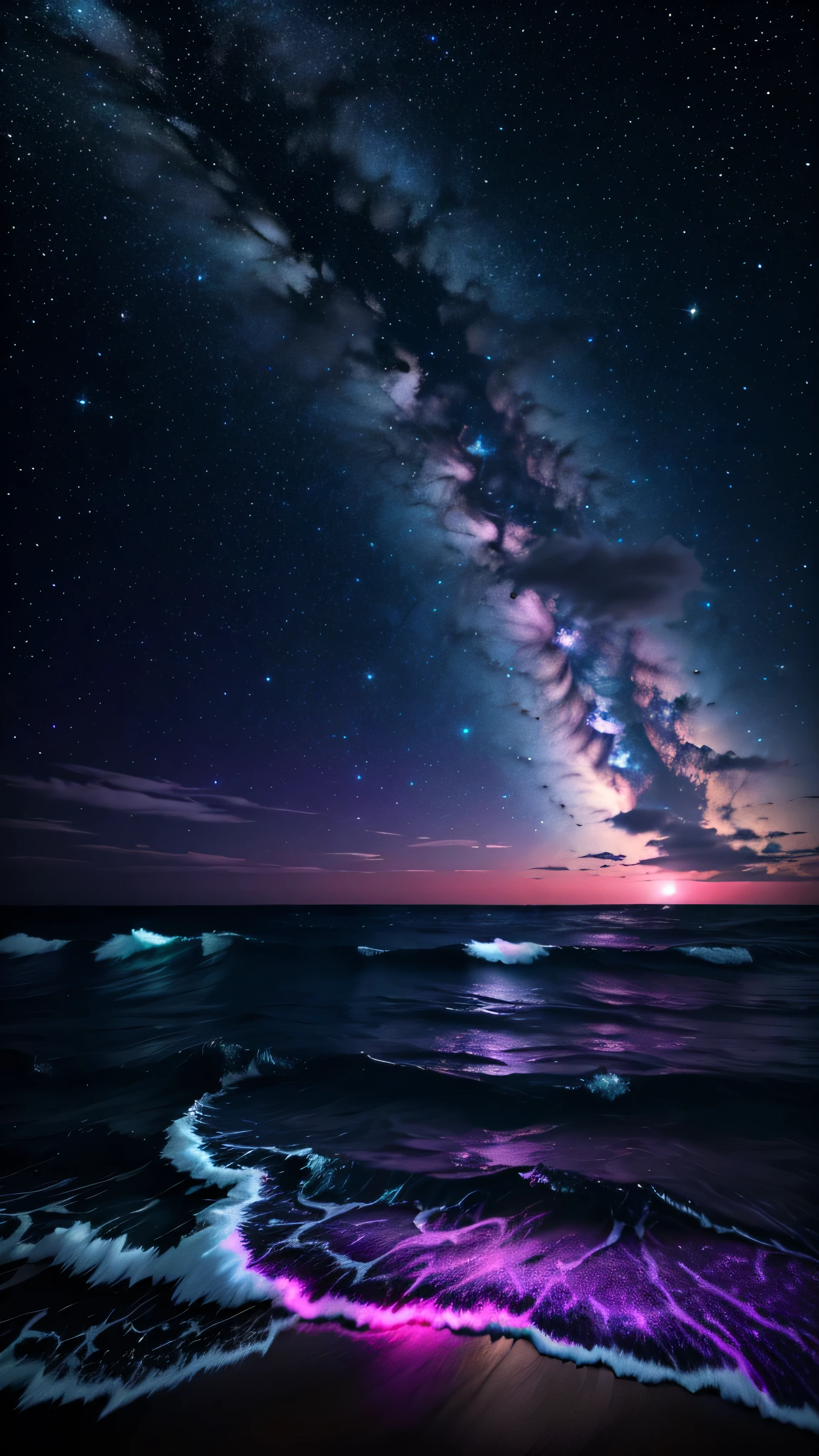 bioluminescent stars in the sky, pink half moon, touquois sky, soft cotton clouds, tourqouis ocean waves, shiny, purple water, galaxy, complementing lighting