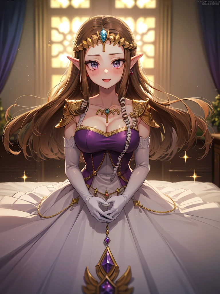 ((((POV)))),((alone))Anime art style,masterpiece,(Highest quality), (Super detailed),(Very delicate and beautiful),(alone),(Detailed face and eyes),Beautiful eyes like jewels,(A truly gorgeous jeweled ruffled rococo ball gown dress),(((Mature Woman,Queen))),((1 Queen in a beautiful embroidery and jeweled absolutely gorgeous rococo ballgown dress with voluminous full length hoop skirt)),((crinoline)),Very detailedな絶対にゴージャスなロココボールガウンdressとフリルのボリュームのあるフルレングスのフープスカート,((Lots of straight hair,Very long straight hair with great volume,Super long straight hair)),,Cleavage,(bed),length_gloves,Very gorgeous hair ornament,Sparkling、A very gorgeous jewel-encrusted tiara,((Gorgeous Glitter Jewelry)),Full body portrait,((bangs)),((Golden hair ornament)),((((Front Face)))),((((Adult Expressions)))),((((Beautiful Face)))),((((dress)))),((smile)),(((Long Hair)))),((((Straight hair)))),((Cleavage)),((((Dark brown hair)))),Princess Zelda,((chest is slightly exposed)), ((Highest quality)),,(Very detailed) ,((Purple blouse)),((Put your arms behind your back)),Brown Hair,((Embarrassed look)),Blushing, ((Highest quality)), (Very detailed),((detailed)),(((pray))),Nintendo, The Legend of Zelda),Crying face,Blushing,((alone)), ((Highest quality)), (Very detailed), ,