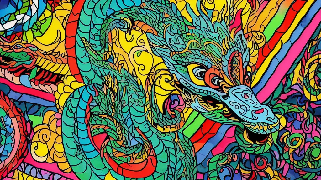 colored drawing of a dragon and a snake on a colored background, Quetzalcoatl, colorful illustration, psychedelic laughing demon, arte colorida ultra detalhada, altamente intrincado em technicolor, hyper detail illustration, arte de doodle colorido, psychedelic illustration, colorful illustration, cores brilhantes altamente detalhadas, intrincado colorido, muito detalhado e colorido, arte detalhada em cores, arte oficial