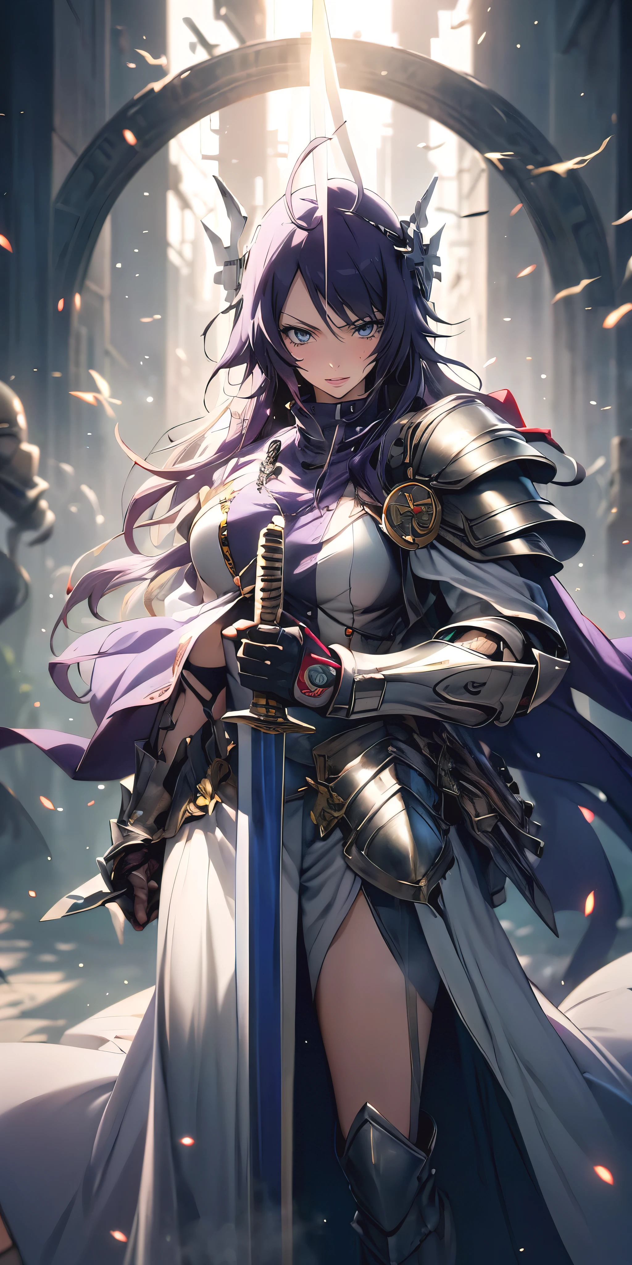 MC, ahoge, (long hari, purple hair:1.3), hair ornament, dark-blue eyes, anatomically correct, heavy breathing, mature female,solo, 1girl, holding, standing, weapon, female focus, sword, cape, holding weapon, armor, holding sword, shoulder armor, gauntlets, facing viewer, pauldrons, breastplate, planted, full armor, bokeh, backlighting, firefly, fireflies, hollow eyes, bright pupils, dark-blue eyes, looking at viewer. glowing eyes heavy breathing, seductive smile, (steaming face:1.3), blush face, lips,