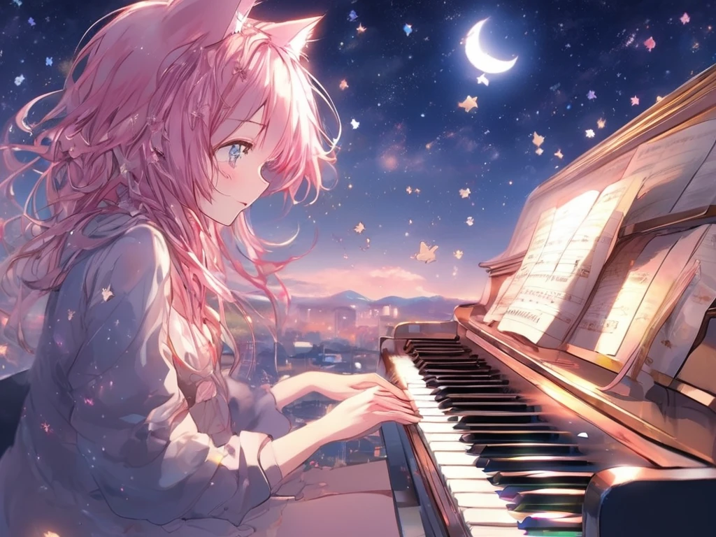 With the moon and stars shining in the sky、Imagine a girl playing the piano by herself.. anime, Pink Hair, Cat ear. That's her charm.