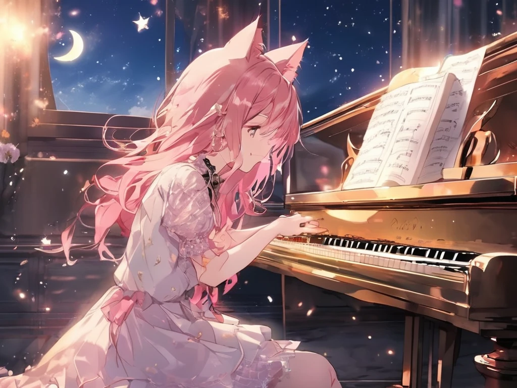 With the moon and stars shining in the sky、Imagine a girl playing the piano by herself.. anime, Pink Hair, Cat ear. That&#39;s her charm.